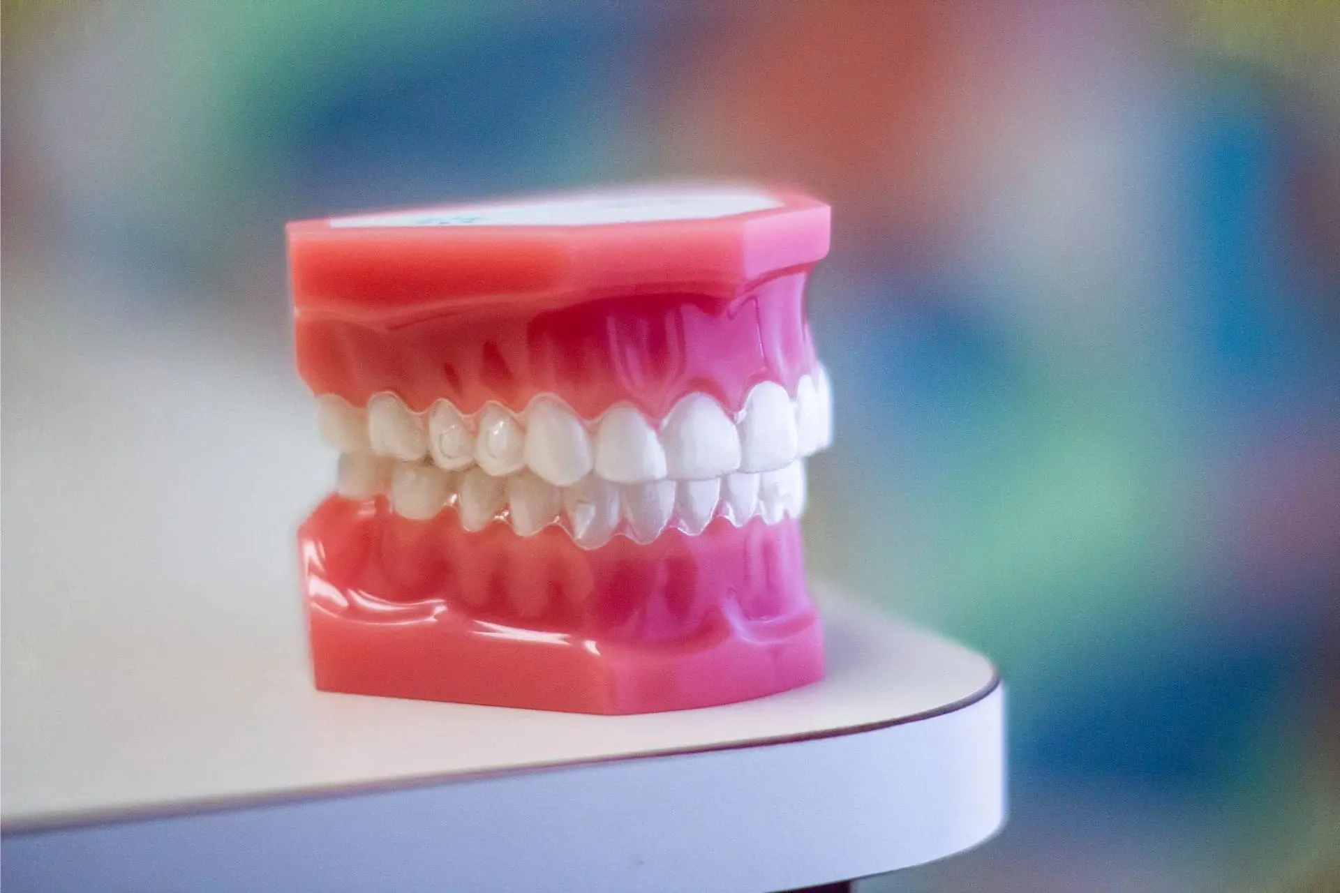 Dental model with pink gums and white teeth displayed Invisalign on a surface in Sammamish WA