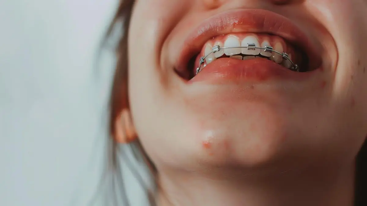 Close-up of a smiling person wearing metal braces orthodontist in Sammamish and Kent, WA, showing overbite teeth and part of the face. Skin has some blemishes.