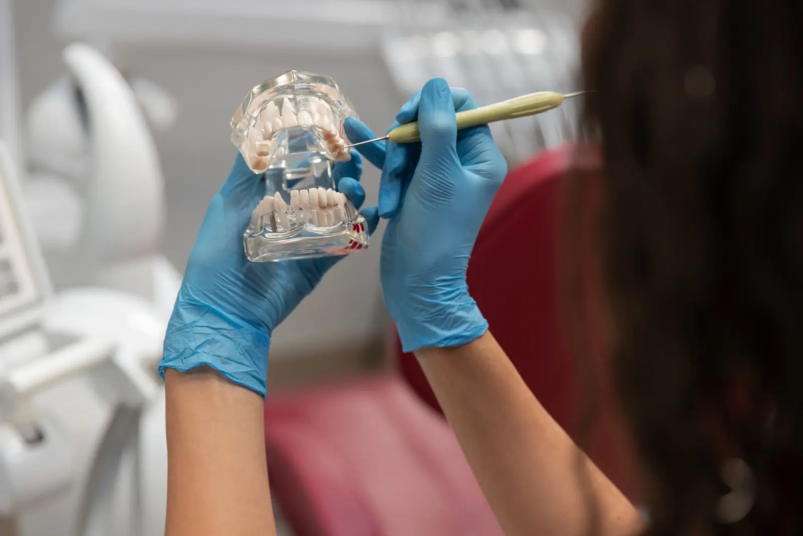 The image shows a person wearing blue gloves holding a dental model and pointing at it with a dental instrument, highlighting the importance of braces and orthodontic insurance in Sammamish or Kent, WA.